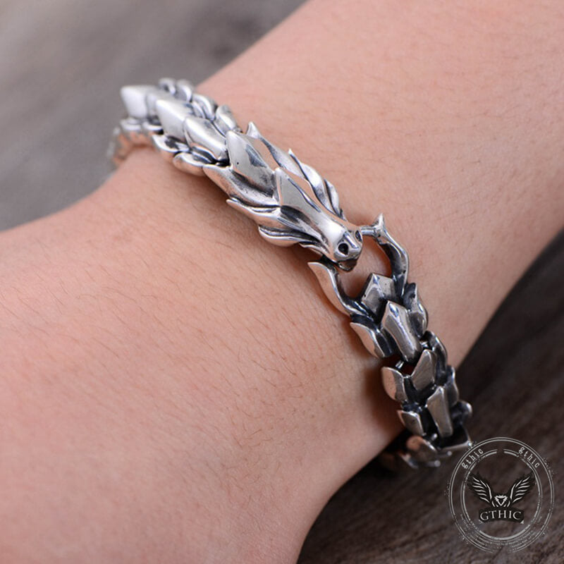 Domineering Dragon Head and Scale Sterling Silver Bracelet | Gthic.com