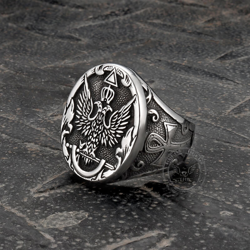 Double-Headed Eagle Ankh Stainless Steel Ring | Gthic.com