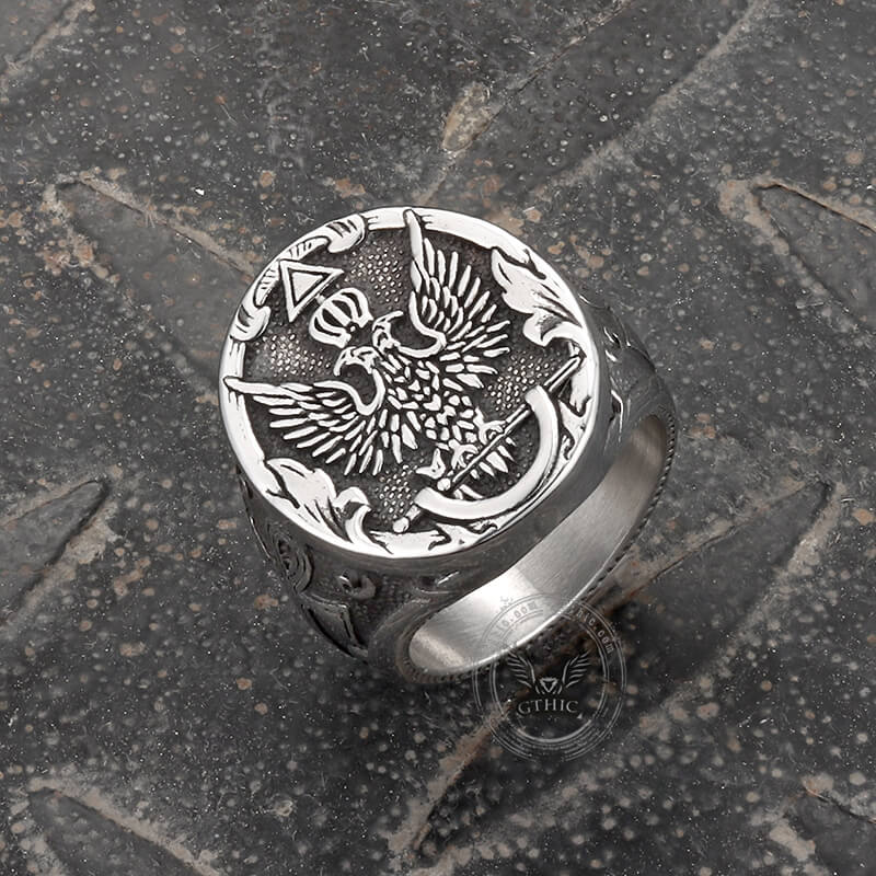 Double-Headed Eagle Ankh Stainless Steel Ring | Gthic.com