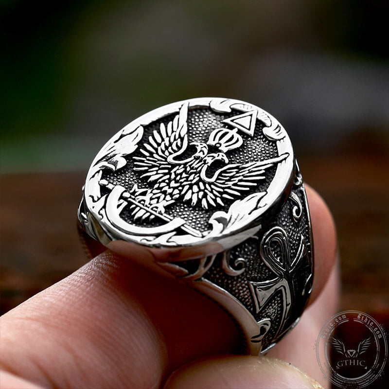 Double-Headed Eagle Ankh Stainless Steel Ring | Gthic.com