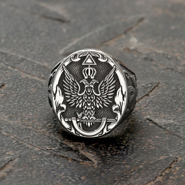 Double-Headed Eagle Ankh Stainless Steel Ring | Gthic.com