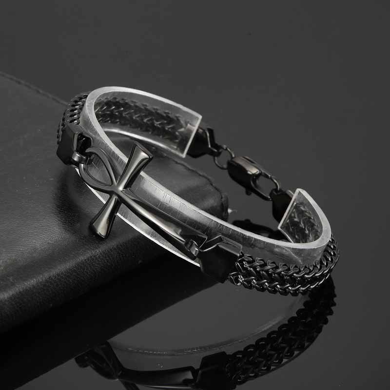 Double-Row Chain Ankh Cross Stainless Steel Bracelet