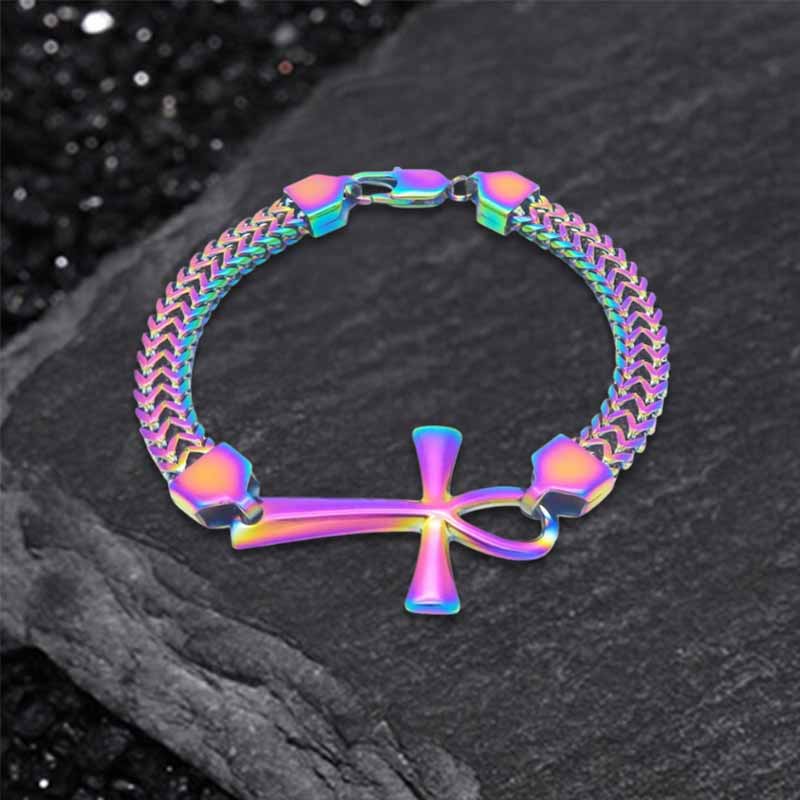 Double-Row Chain Ankh Cross Stainless Steel Bracelet