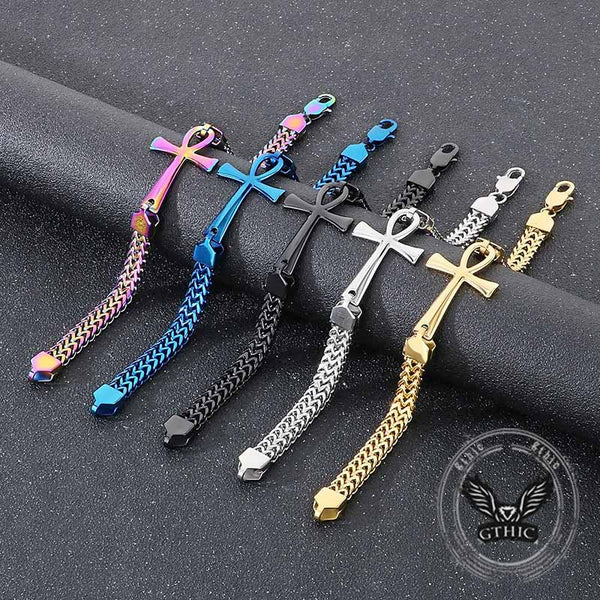 Double-Row Chain Ankh Cross Stainless Steel Bracelet 01 | Gthic.com
