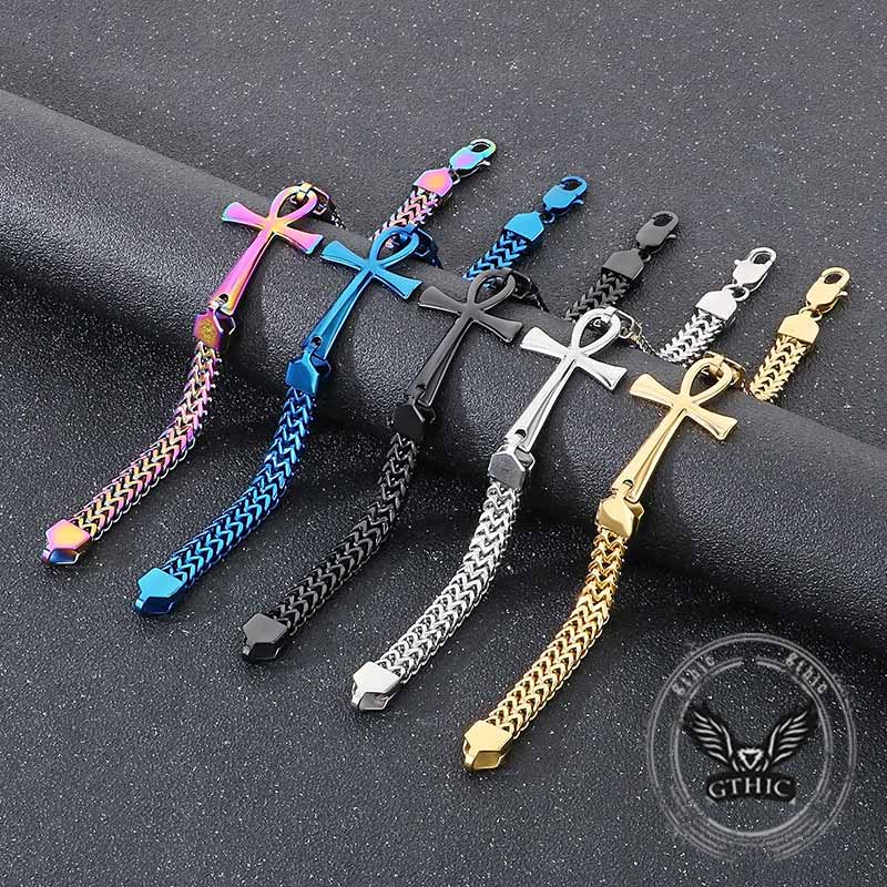 Double-Row Chain Ankh Cross Stainless Steel Bracelet 01 | Gthic.com