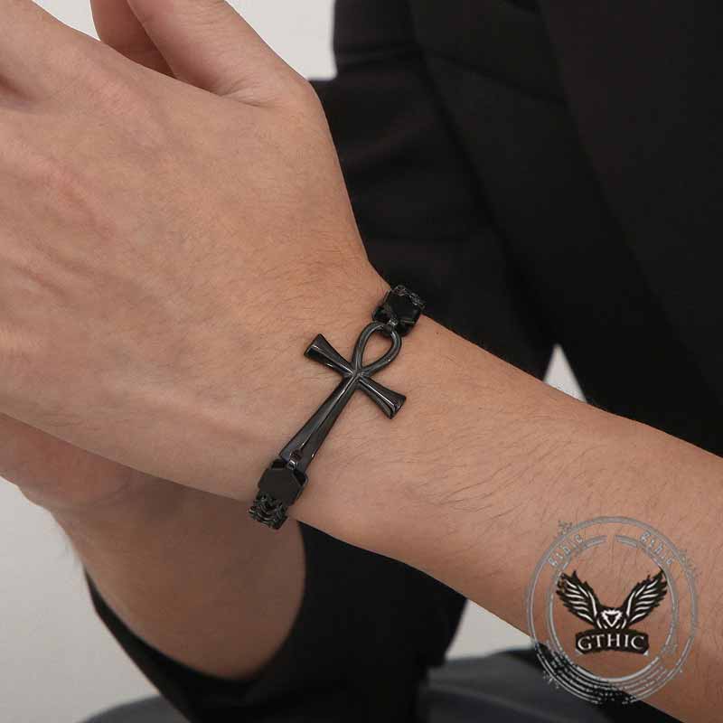 Double-Row Chain Ankh Cross Stainless Steel Bracelet 03 | Gthic.com