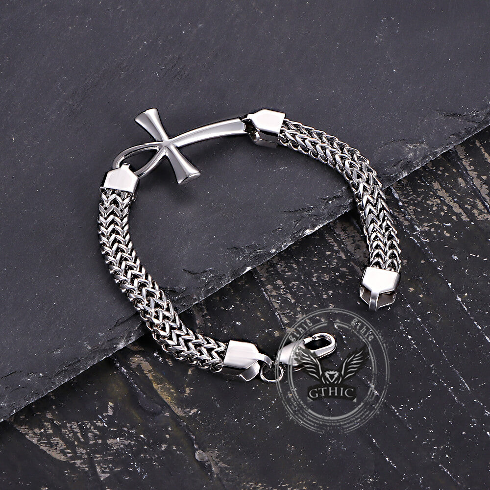 Double-Row Chain Ankh Cross Stainless Steel Bracelet