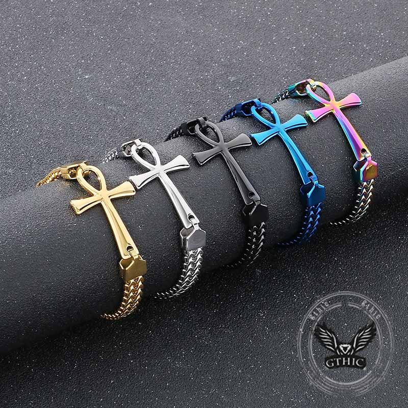 Double-Row Chain Ankh Cross Stainless Steel Bracelet