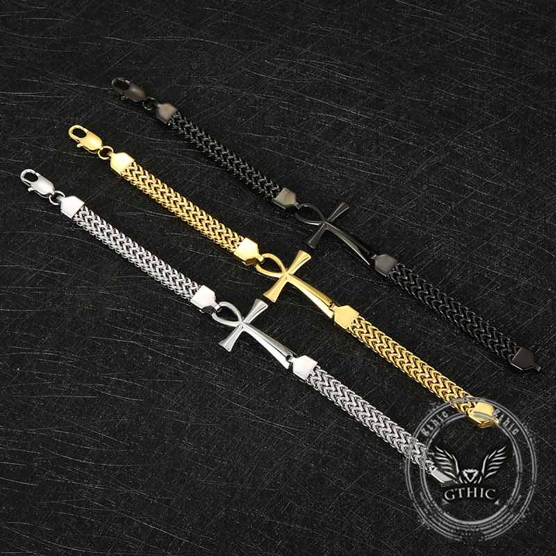 Double-Row Chain Ankh Cross Stainless Steel Bracelet
