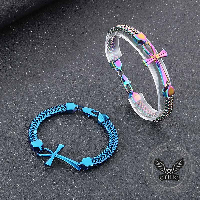Double-Row Chain Ankh Cross Stainless Steel Bracelet
