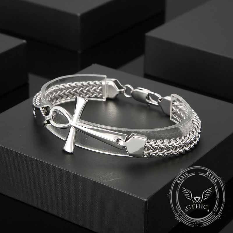 Double-Row Chain Ankh Cross Stainless Steel Bracelet