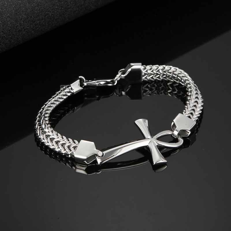 Double-Row Chain Ankh Cross Stainless Steel Bracelet