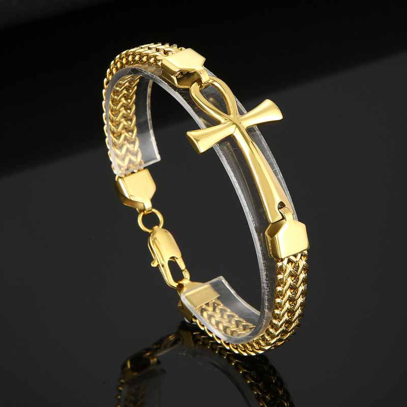 Double-Row Chain Ankh Cross Stainless Steel Bracelet