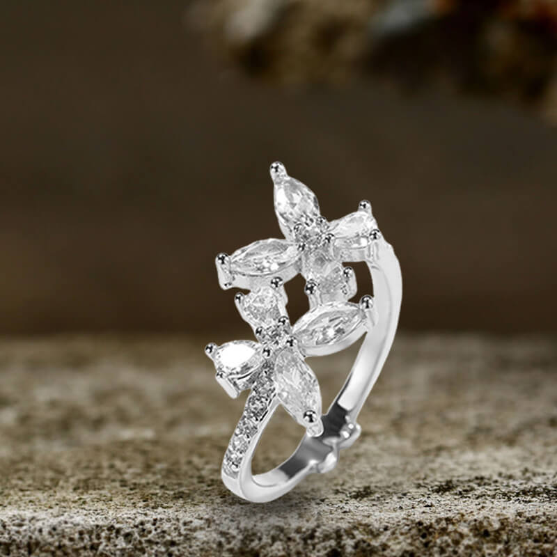 Double Butterfly Zircon Brass Open Ring | Gthic.com