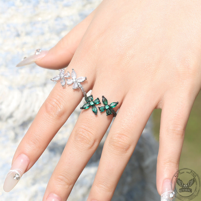 Double Butterfly Zircon Brass Open Ring | Gthic.com