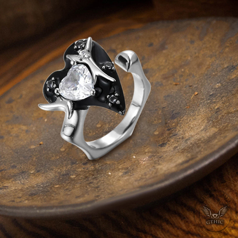 Double Heart Zircon Stainless Steel Open Ring | Gthic.com