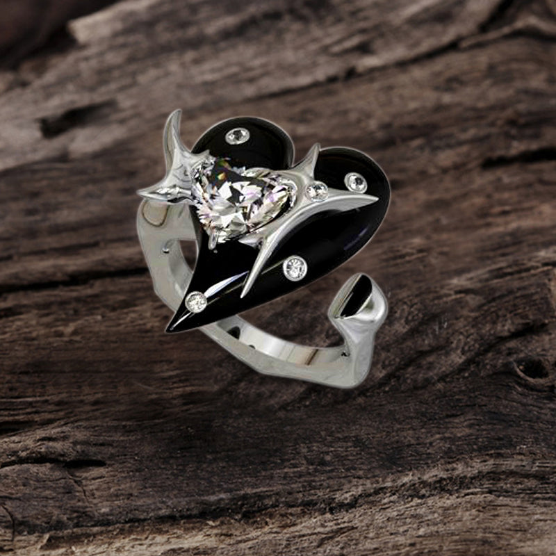 Double Heart Zircon Stainless Steel Open Ring | Gthic.com