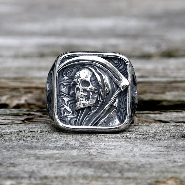 Vintage Grim Reaper Skull Stainless Steel Square Ring | Gthic.com