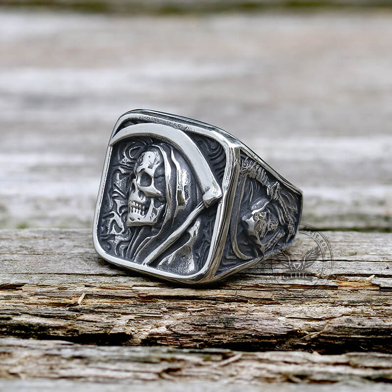 Anello Silver Teschio E Falce Anello Uomo Teschio Grim Reaper Anarchia In Acciaio Inox - Gioiello Biker, Punk, Unisex Anello Biker Acciaio Inox - Foto 8