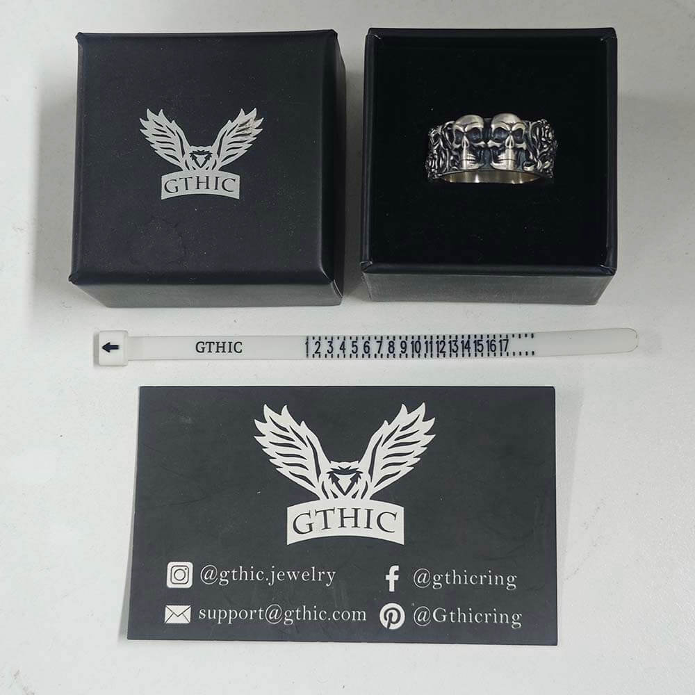 Double Skull Rose Vine Sterling Silver Ring