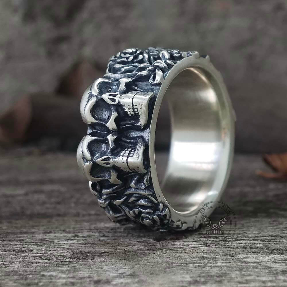Double Skull Rose Vine Sterling Silver Ring | Gthic.com