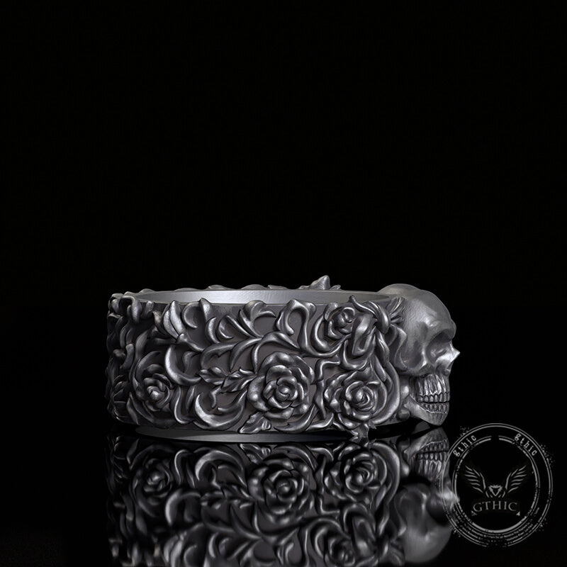 Double Skull Rose Vine Sterling Silver Ring | Gthic.com