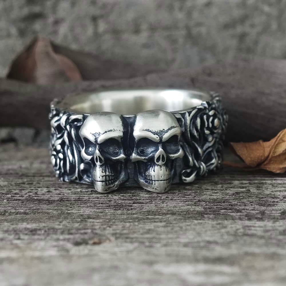 Double Skull Rose Vine Sterling Silver Ring | Gthic.com
