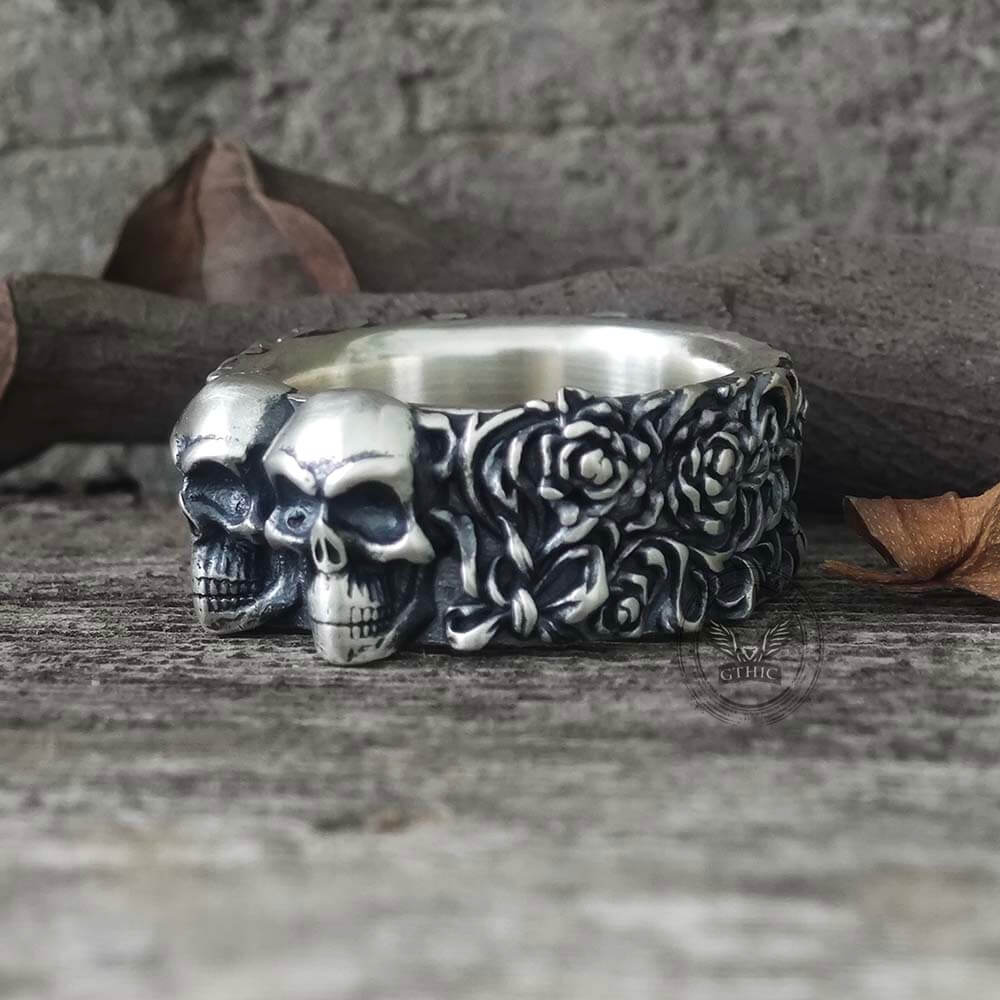 Double Skull Rose Vine Sterling Silver Ring | Gthic.com