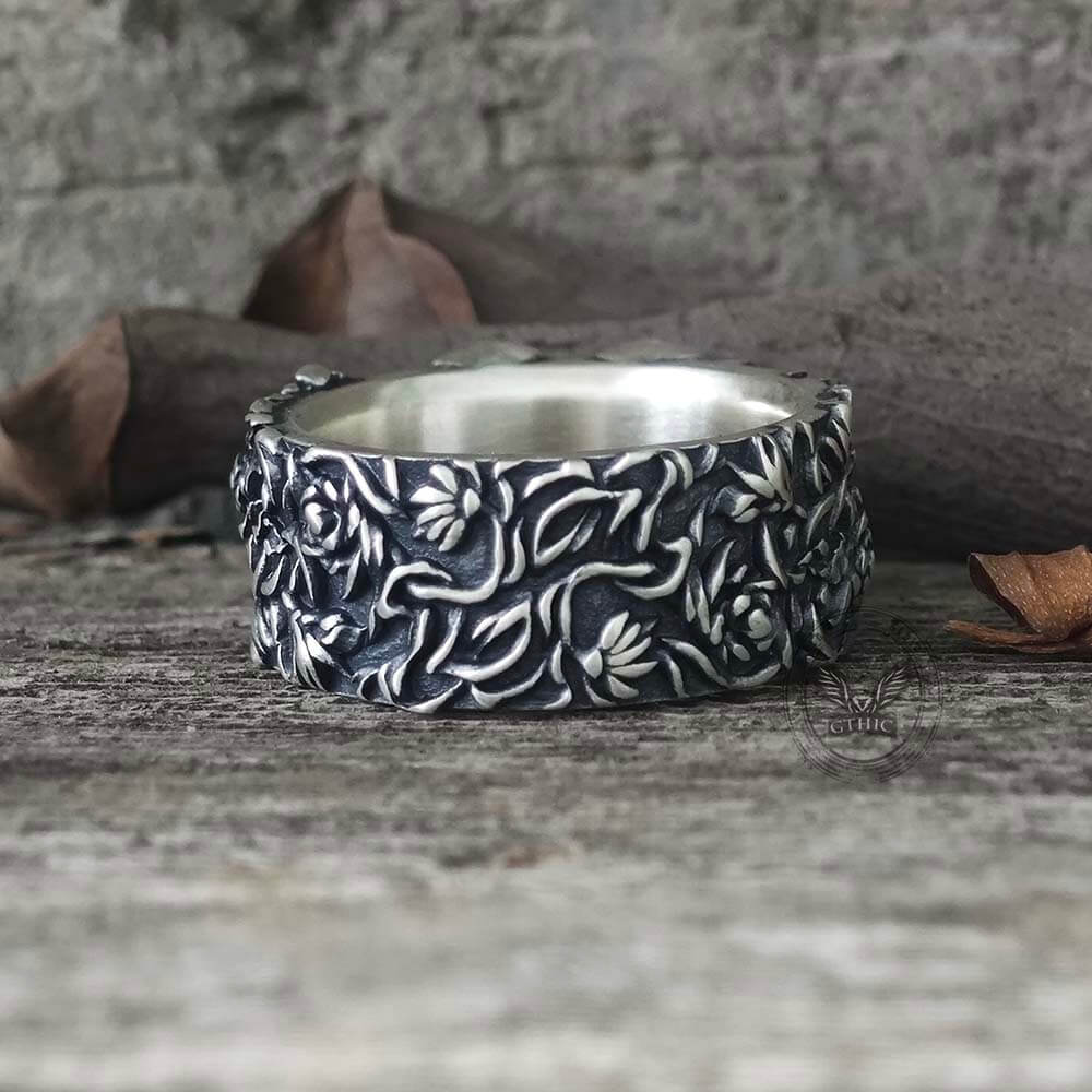 Double Skull Rose Vine Sterling Silver Ring