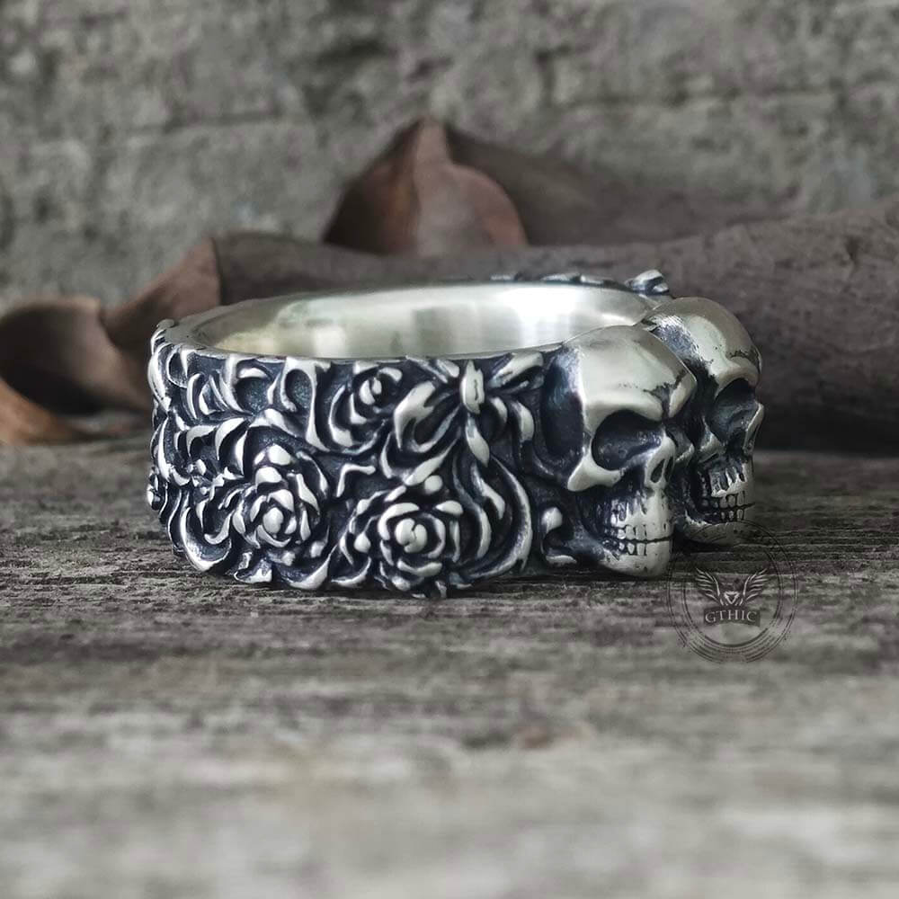 Double Skull Rose Vine Sterling Silver Ring