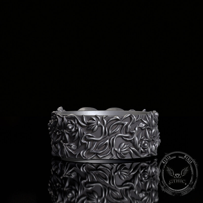 Double Skull Rose Vine Sterling Silver Ring | Gthic.com