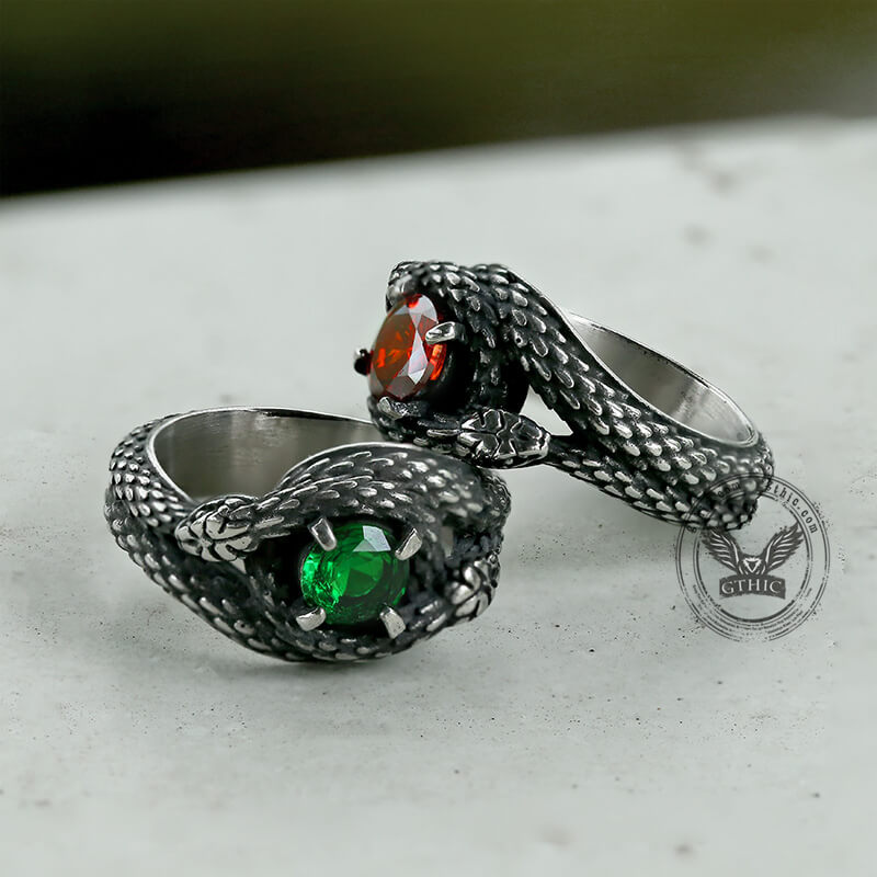 ZMY Men's Stainless Steel Ring - Green Gem Stone Snake Gothic Ring, 316L Steel, Sizes 7-13, Silver Color