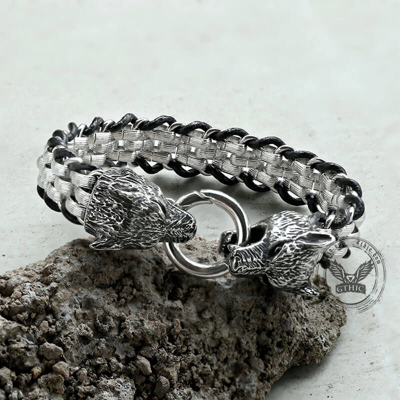 Double Wolf Head Buckle Stainless Steel Braided Bracelet | Gthic.com