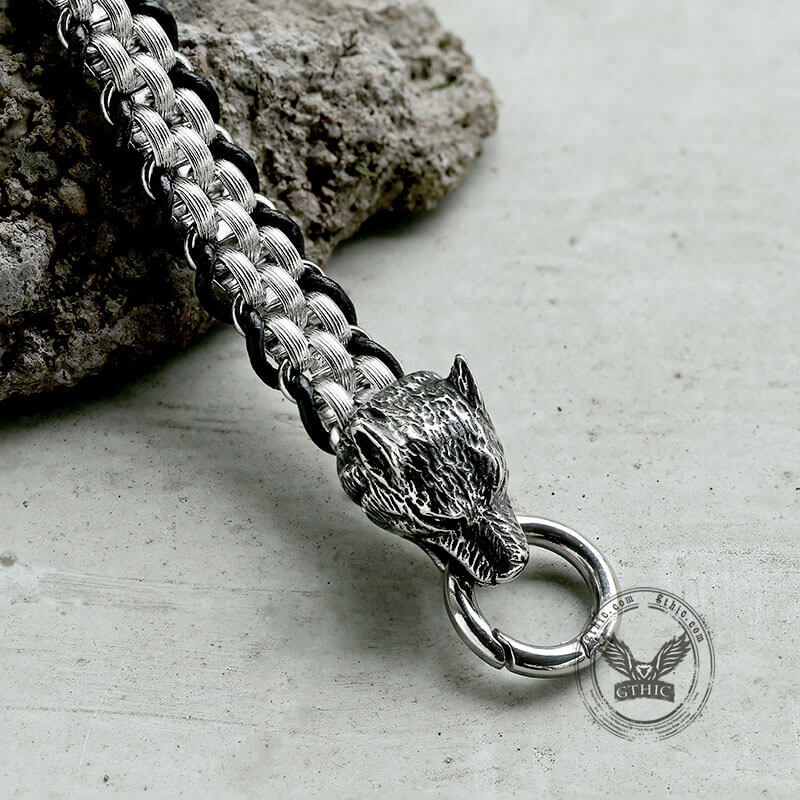 Double Wolf Head Buckle Stainless Steel Braided Bracelet | Gthic.com