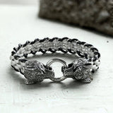 Double Wolf Head Buckle Stainless Steel Braided Bracelet | Gthic.com