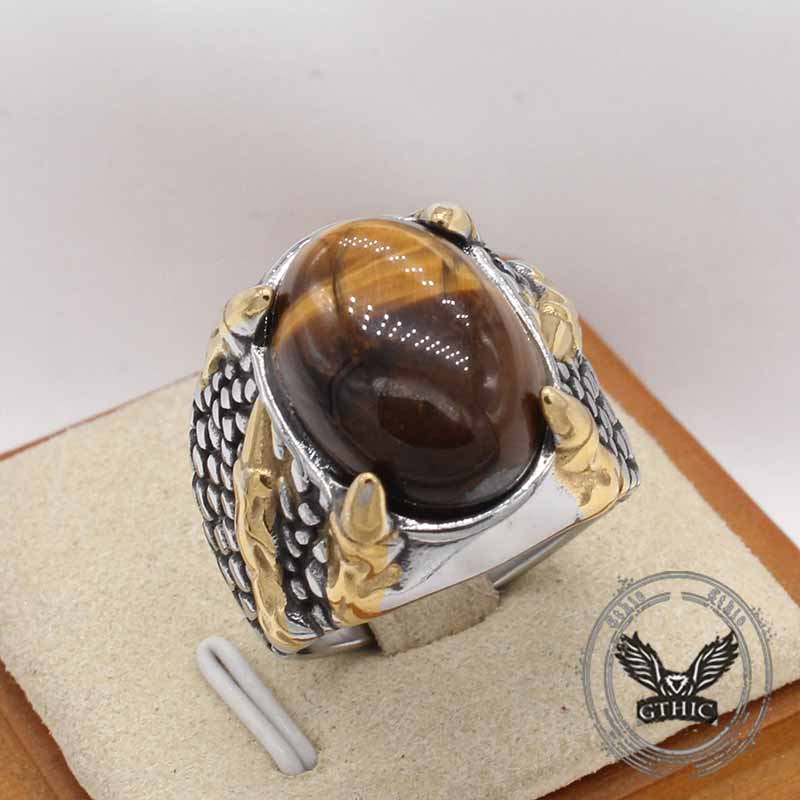 Dragon Claw Tiger Eye Stone Stainless Steel Ring 03 | Gthic.com