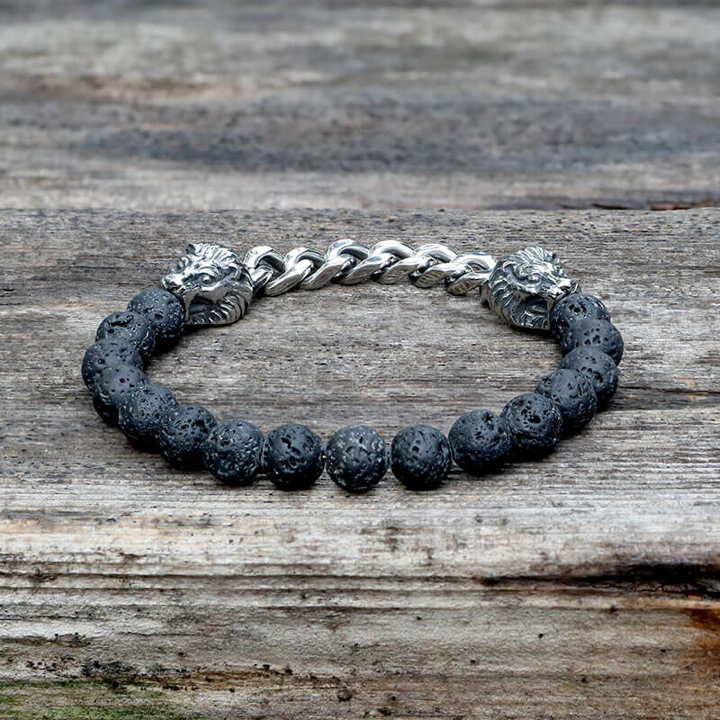 Dragon Head Volcanic Stone Stainless Steel Bead Bracelet | Gthic.com