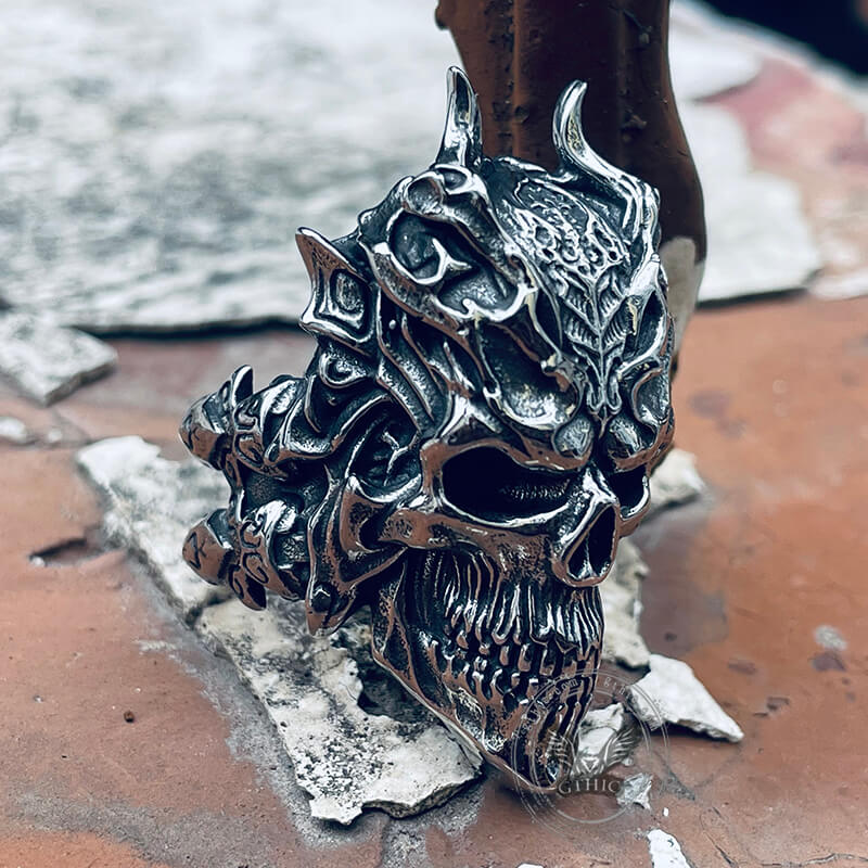 Dragon Horned Samurai Stainless Steel Skull Ring | Gthic.com