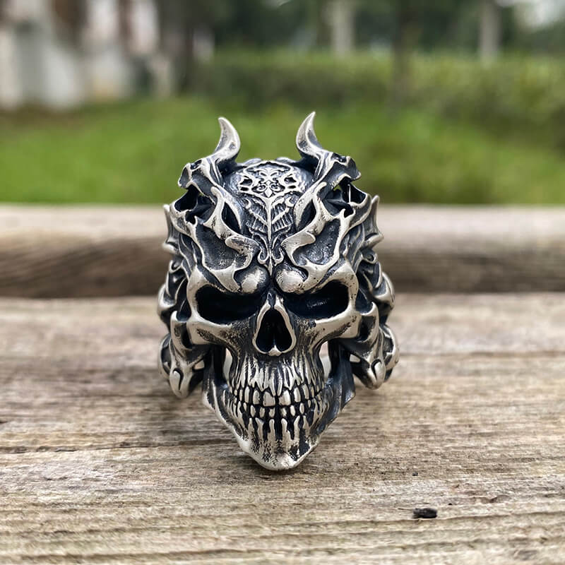 Dragon Horned Samurai Sterling Silver Skull Ring | Gthic.com