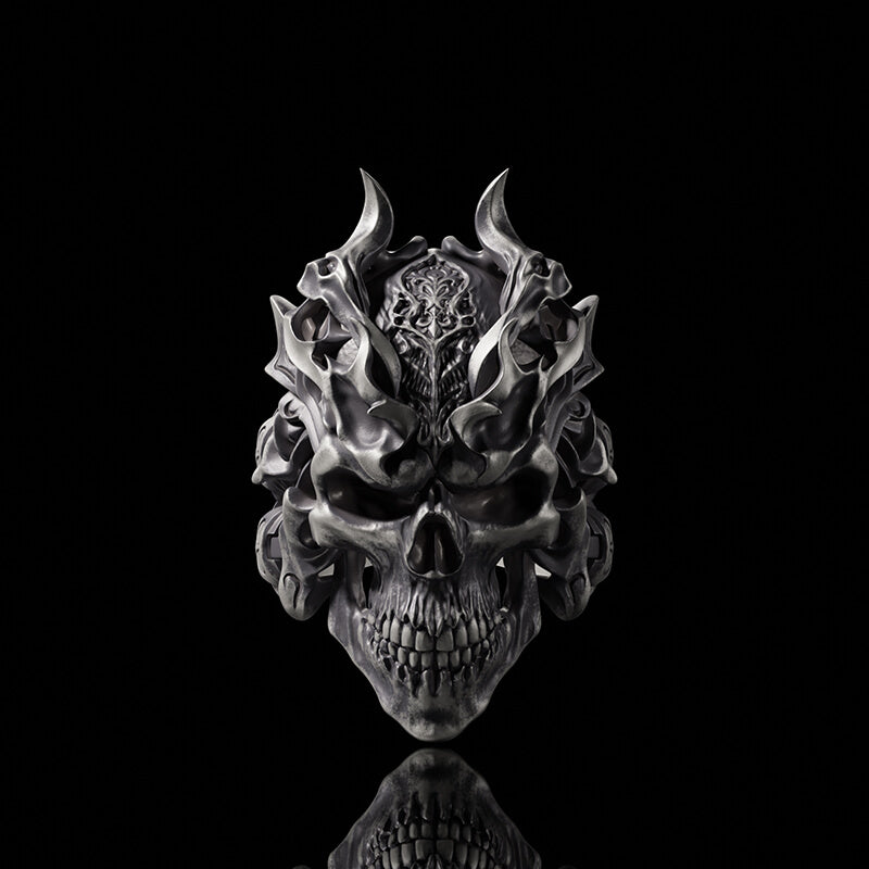 Dragon Horned Samurai Sterling Silver Skull Ring | Gthic.com