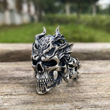 Dragon Horned Samurai Sterling Silver Skull Ring | Gthic.com