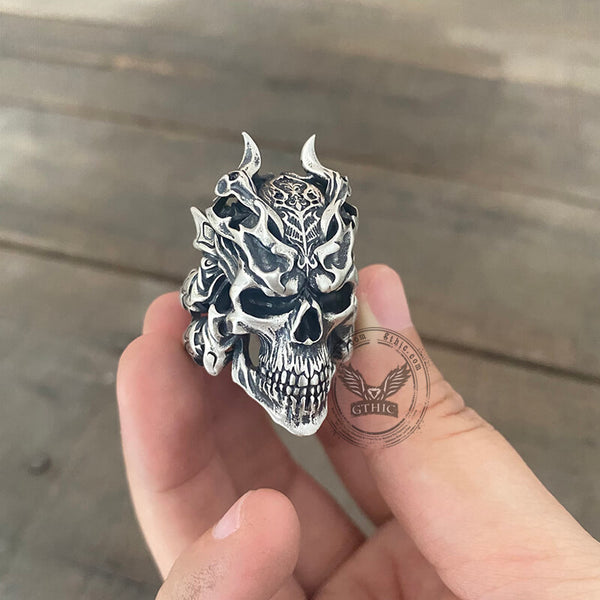 Dragon Horned Samurai Sterling Silver Skull Ring