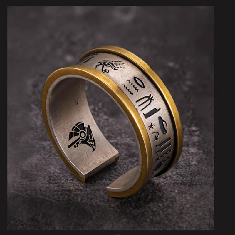 Egyptian Eye Of Horus Sterling Silver Inlaid Brass Open Ring | Gthic.com