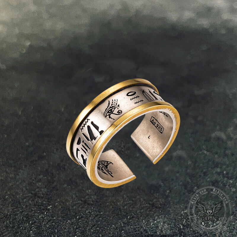 Egyptian Eye Of Horus Sterling Silver Inlaid Brass Open Ring | Gthic.com