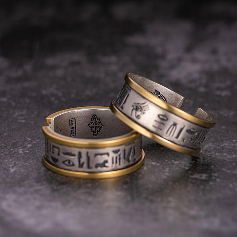 Egyptian Eye Of Horus Sterling Silver Inlaid Brass Open Ring | Gthic.com
