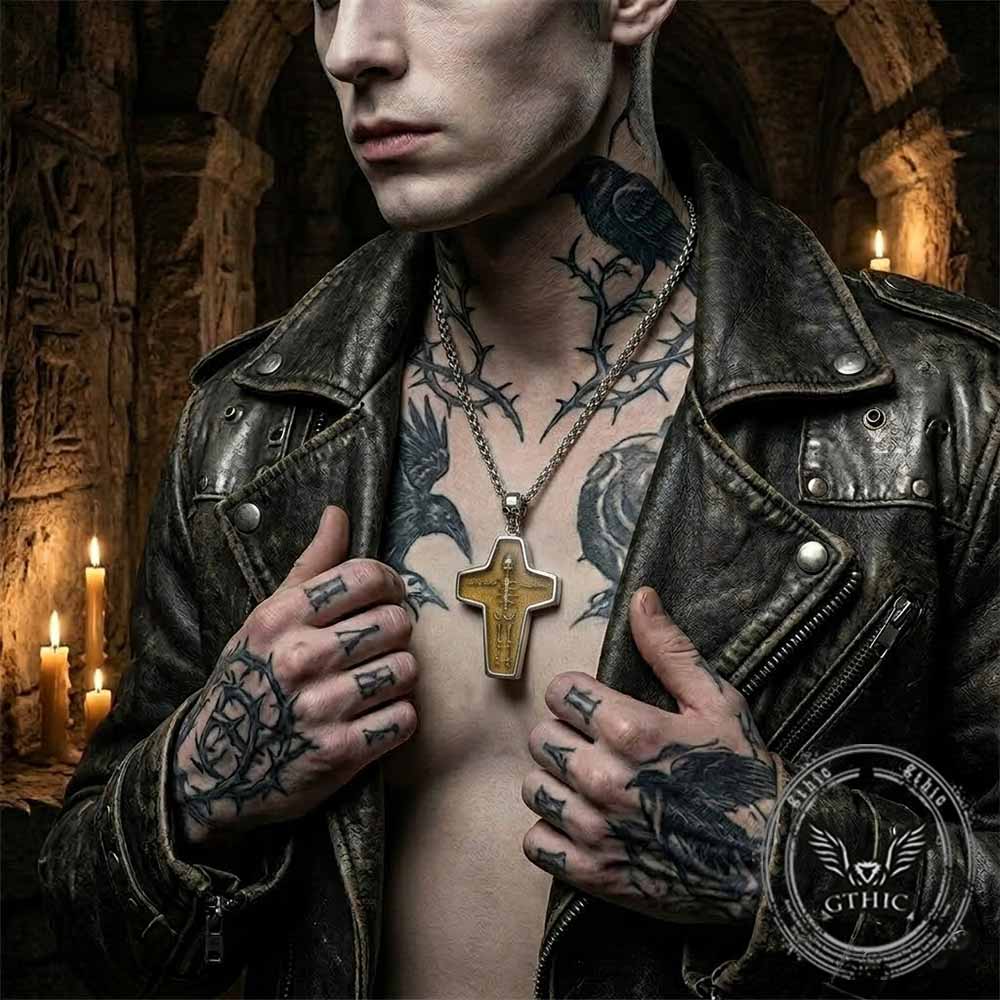 Egyptian Mummy Skull Stainless Steel Cross Pendant | Gthic.com