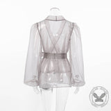 Elegant Lace Up Puff Sleeve Transparent Mesh Shirt | Gthic.com