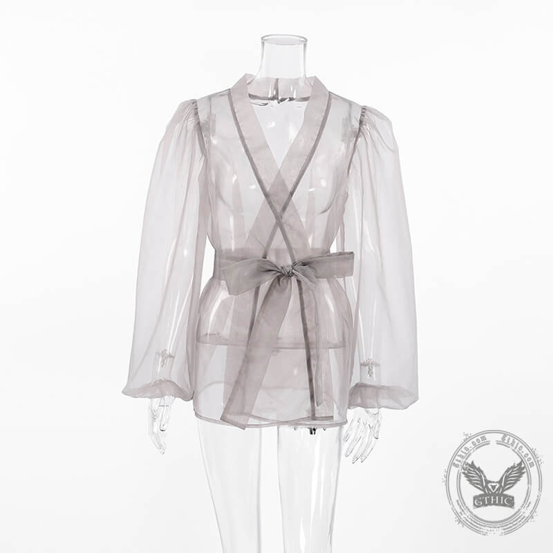 Elegant Lace Up Puff Sleeve Transparent Mesh Shirt | Gthic.com