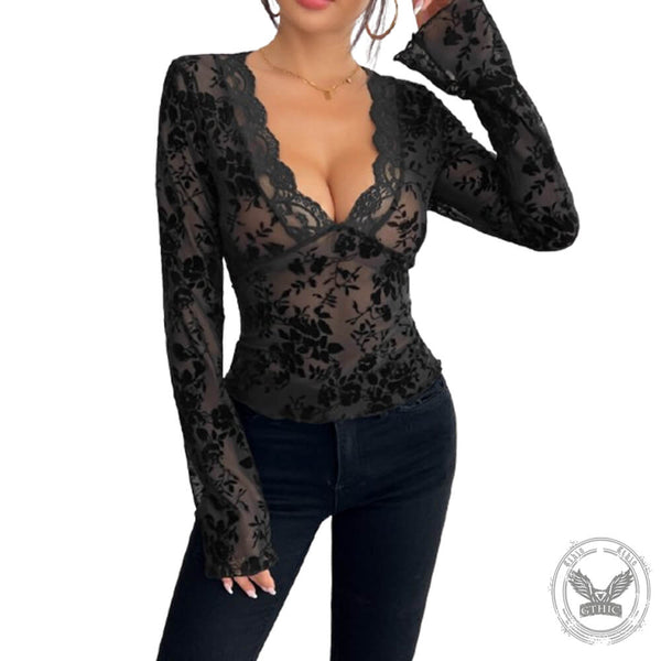 Elegant V-Neck Lace Patchwork Flare Sleeve Top 02 | Gthic.com