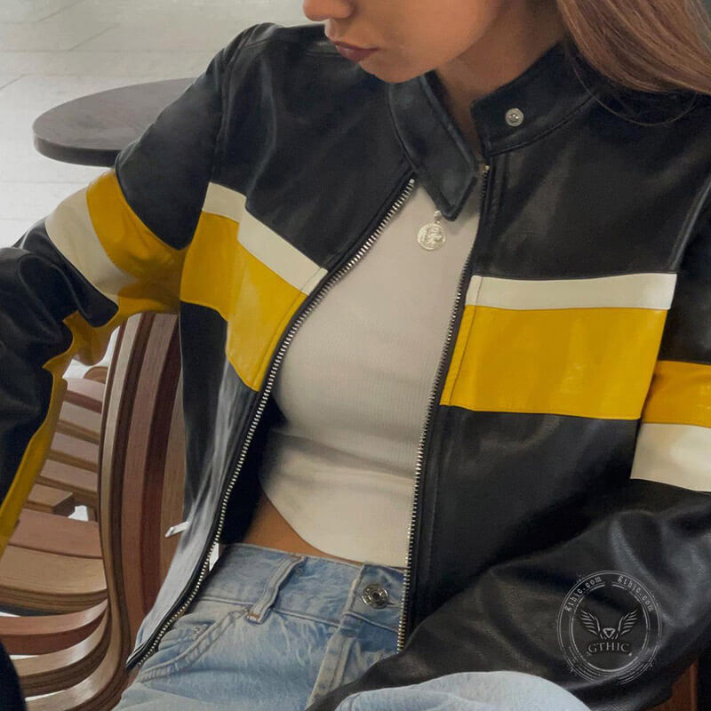 Embroidered Colorblock Leather Cropped Jacket